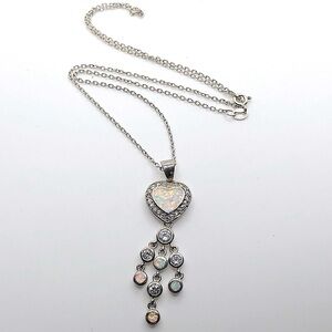 STERLING Silver Fire Opal White Saphire Heart Dangle w 925 Chain 18” + 2”